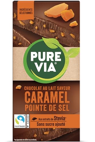 Pure Via Tablette Chocolat au Lait Saveur Caramel pointe del Sel à la stevia, sans sucre ajouté, Équitable 100g