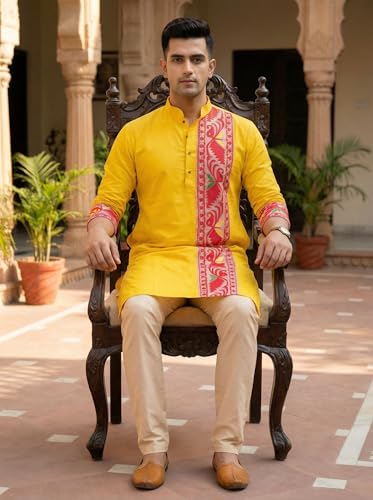 Image of Men's Jamdani Printed Kurta Pajama Set | Pure Cotton Ethnic Kurta with Mandarin Collar & Dupion Silk Pyjama | Festive & Weddings 303A12A 303SB12B(M XXL)