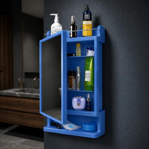Image of CIPLA PLAST Rich Look Plastic Wall-Mounted Bathroom Mirror Cabinet with Storage Shelves, Single Door, Bathroom Mirror Cabinet with Towel Holder | (Blue)