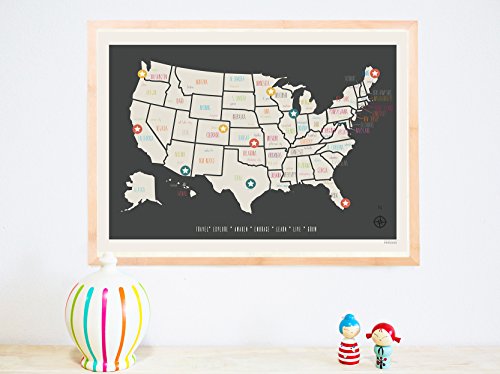 Usa Travel Map Wall Art Print, Personalized Travel Map, 24X18 Inches, Kid's Usa Map, Children's Room Decor, Gender Neutral Nursery, Travel Nursery Decor, Customized Wall Map, Kid's Decor #TOP3
