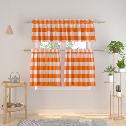 3 Pieces Tier Curtains and Valance Set Buffalo Check Kitchen Tiers Plaid Gingham Rod Pocket Classic Short Small Cafe Curtains Country Farmhouse Cafe Bathroom 54"x18"/27"x30" Orange & White