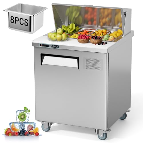 GarveeHome Commercial Refrigerator, 28" Undercounter Worktop Refrigerator,7.4 cu. ft W Single Door Thick Stainless Steel Refrigerator Sandwich Salad Prep Station Cooling with Cutting Board a