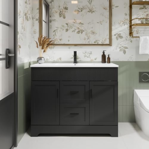 Image of eclife 42 inch Bathroom Vanities Sink Combo with Painted Surface, Modern Drawered Cabinet W /Decorative Wave Lines, Undermount Single White Sink, Matte Black Faucet Drain, Black