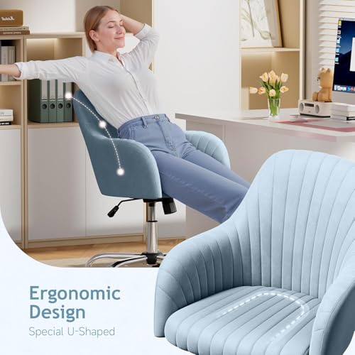 Image of Velvet Desk Chair for Home Office, Adjustable Swivel Task Chair Modern Computer Vanity Chairs with Arm Rest for Bedroom Living Room Make-up Room (Blue Light)