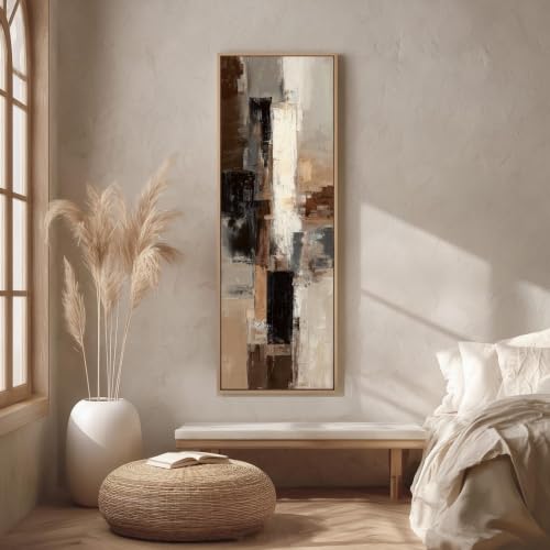 Impression beige marron noir pour réchauffer un salon minimaliste avec une toile verticale