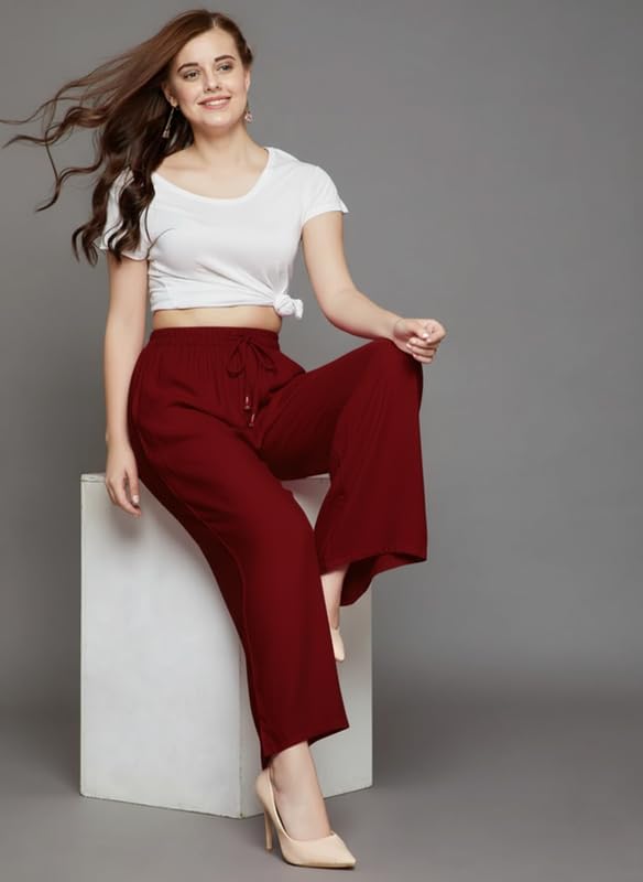 Image of Super Soft Viscose Rayon Flared Palazzo Pants for Women Stylish Wide Leg Straight Relaxed Fit Casual Ethnic Office Wear