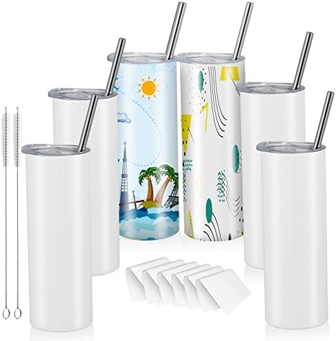 6 Pack Sublimation Tumbler - 20 oz Tumbler with Lid and Straw Insulated Tumbler Skinny Double Wall Tumbler Cups Travel Coffee Mug Stainless Steel Vacuum Mug with Metal Straw,Leak-Proof Lid,Shrink Wrap