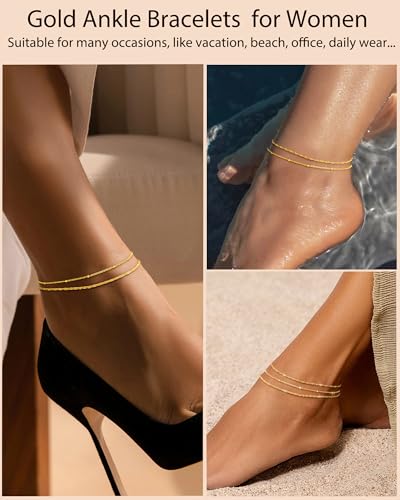 Image of ZHESHY Gold Silver Ankle Bracelets for Women 14K Gold Plated Anklets for Women Waterproof Cuban Link Heart Chain Anklets Set Non Tarnish Dainty Layered Anklet Bracelets for Women Summer Beach Jewelry