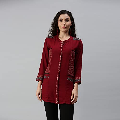 Image of SheWill Cotton Blend Stripe Print Embroidered A-Line Tunic