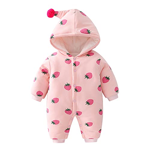 JinBei Baby Strampler Winter Neugeborenes Mädchen Langarm Rosa Erdbeere Schlafanzug Baumwolle mit Kapuze Overalls Säugling Spielanzug Baby-Nachtwäsche 0-3 Monate