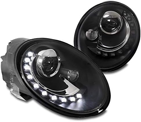 LED DRL Projector Headlights Headlamps Black Compatible with 2006-2010 Volkswagen Beetle