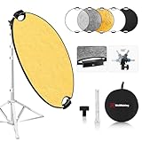 WELLMAKING 32''(80cm) Photography Reflector Dual Handle Collapsible 5-in-1 with Tilt Adapter Reflector, White Portable Stand and Pouch for Studio & Outdoor Lighting-Translucent,Silver,Gold,White&Black