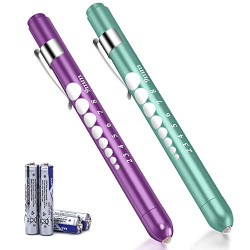 FITA Medical Pen Lights for Nurses Doctors, 2 Pack Reusable Penlight LED Tactical Flashlight White Light with Pupil Gauge and Ruler, Replaceable Batteries (Purple/Teal Green)