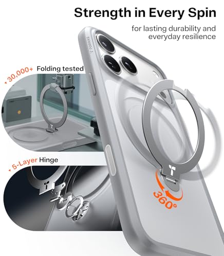 Image of TORRAS Q3 Spin for iPhone 17 Pro Case, 360 Magnetic Stand, Silver | Compatible with MagSafe, Built-in Kickstand, Camera Control, 4X Military-Grade Shockproof Translucent Phone Case for 17 Pro
