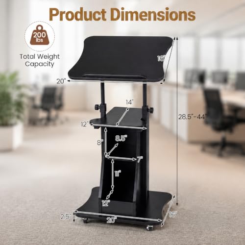 Image of POWERSTONE Sit to Stand Mobile Lectern Teacher Podium Portable Height Adjustable Podium Stand Rolling Laptop Desk Cart with Storage Shelf Swivel Top for Classroom, Concert, Church