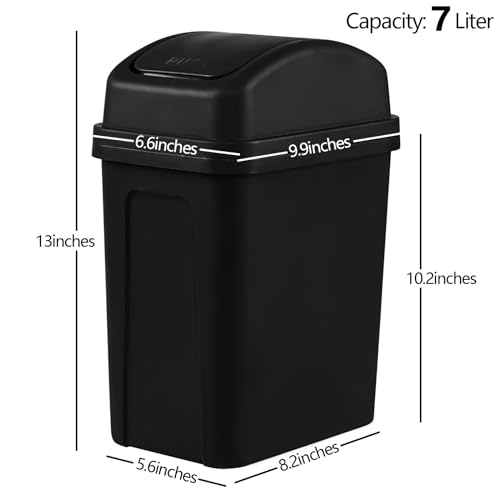 Image of 7 L Plastic Swing Lid Garbage Bin, Small Trash Can for Bathroom /Living Room /Bedroom, Black