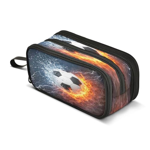 Image of Water and Fire Football Pencil Case 3 Compartment Pen Bag Pouch Holder Box School Portable Stationery Storage Bag for Girls Boys