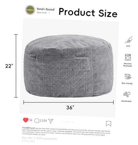 Image of 3FT Bean Bag Chair Bean Bags for Adults Large Bean Bag Beanbag Chair with Washable Cover Quilted Plush Fluffy Bean Bags Memory Foam Bean Bag Chairs Pocket Handle for Bedrooms Living Room Office(Grey)
