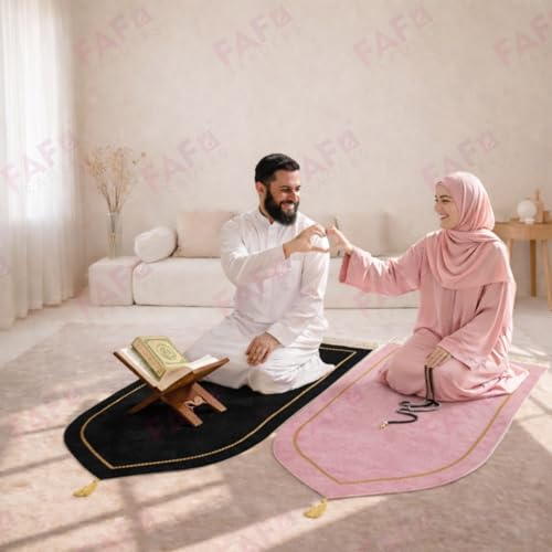 Image of FAF Pink and White Couple Janamaz Set of 2 with Heart Design | Soft Velvet Prayer Mats | Islamic Prayer Rugs for Nikah, Ramadan, Hajj & Umrah | Muslim Prayer Mat Set