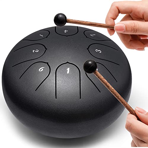 Lronbird Steel Tongue Drum 6 Inch 8 Notes Hand Drums with Bag Sticks Music Book, Sound Healing Instruments for Musical Education Entertainment Meditation Yoga Zen Gifts (Black) - Thumbnail 2