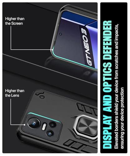 Image of WOW IMAGINE Shock Proof Back Case Mobile Cover for Realme GT Neo 3 5G | Back Cover Case (Tough Armor | Hybrid PC + TPU | Ring Holder & in-Built Kickstand | Black)