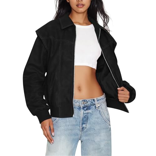 HGps8w Women's 2026 Spring PU Motorcycle Jackets - Full Zip Loose Long Sleeve Versatile Lapel Faux Leather Sports Coat