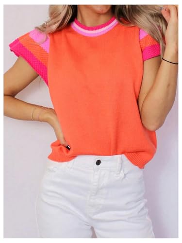 Image of WDIRARA Women's Striped Trim Pullover Sweaters Crewneck Ruffle Butterfly Sleeve Knit Tops Orange X-Large