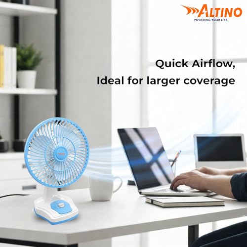 Image of Altino Premuim Powerful Oscillation Table Fan for Home & Office| High Air Delivery| Anti-Dust Decorative Star Rated Table Fan | 3 Speeds | Easy to Clean, 1 Yr Warranty (Blue & White, 12 Inch)