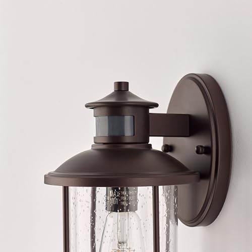 Image of MICSIU Motion Sensor Bronze Outdoor Wall Light 1 Pack, 11.5 inch Farmhouse | 3 Modes Exterior Light Fixture with Seedy Glass, Anti-Rust Dusk to Dawn Outside Wall Sconce for House, Front Porch, Deck