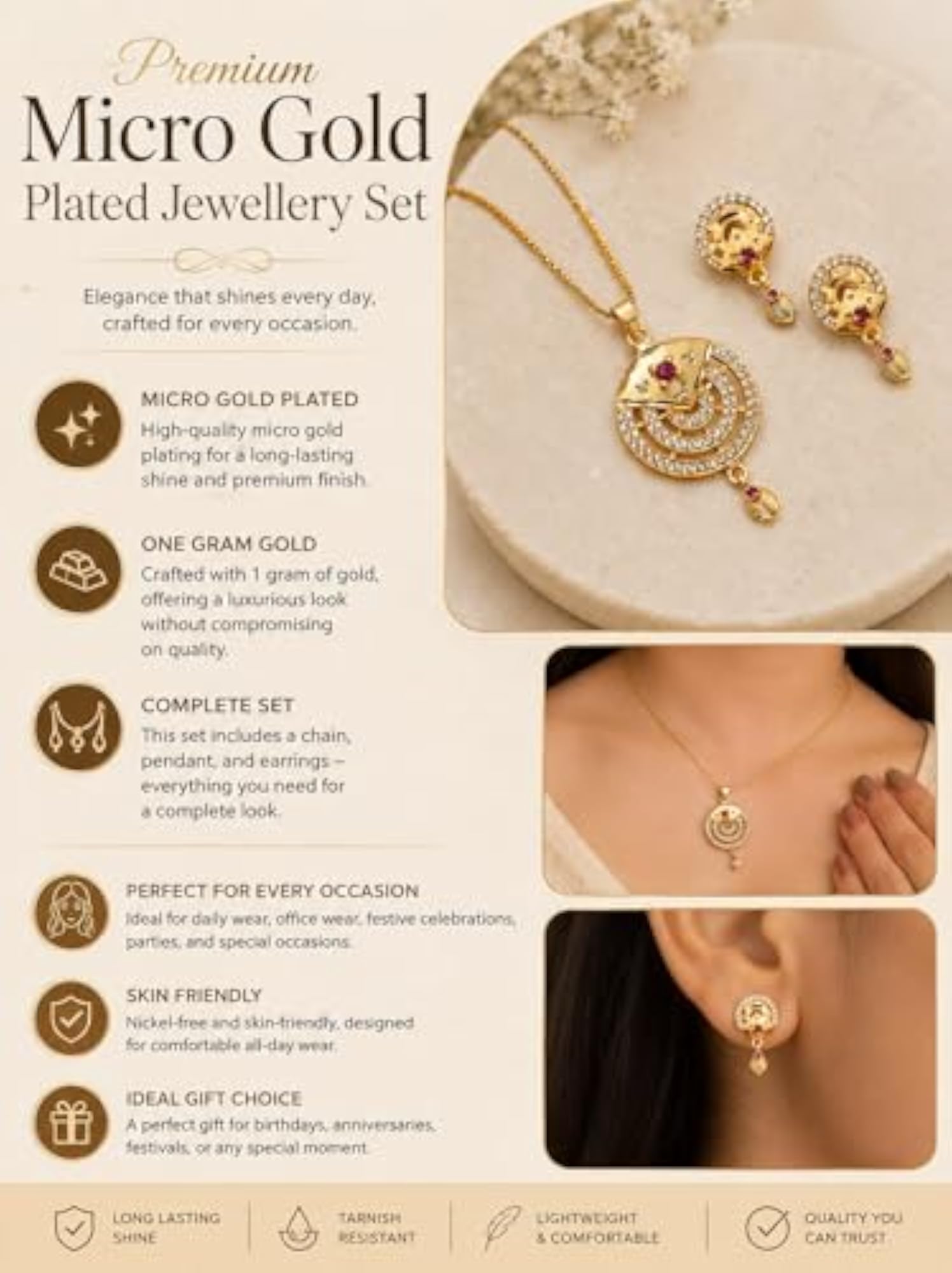 Micro Gold Plated Chain Pendant Earrings & Necklace Set