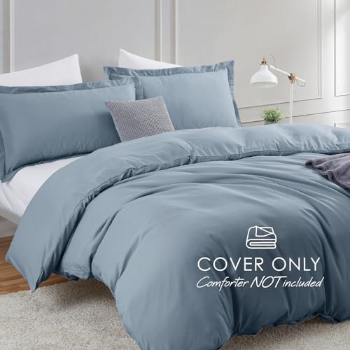 Image of Hearth & Harbor Stone Blue Duvet Cover Queen Size, 3 Piece Bedding Set | Soft Double Brushed Bedding Set, Button Closure, 1 Duvet Cover 90x90 Inches, 2 Pillow Shams
