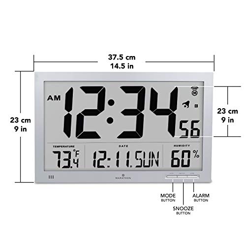 Marathon Slim Atomic Wall Clock with Jumbo Display, Calendar, Indoor Temperature & Humidity. Color-Graphite Grey. SKU-CL030062GG - Thumbnail 2