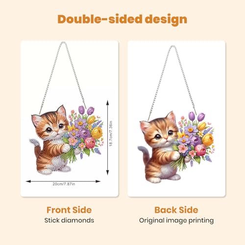 MXJSUA Diamond Painting Adulte Pendentif, Diamond-Painting Hanging, Diamant Painting Suspendus avec Chaîne pour Jardin, Porte et Fenêtre Décoration 20x20CM （Fleurs Chat） – vue 5