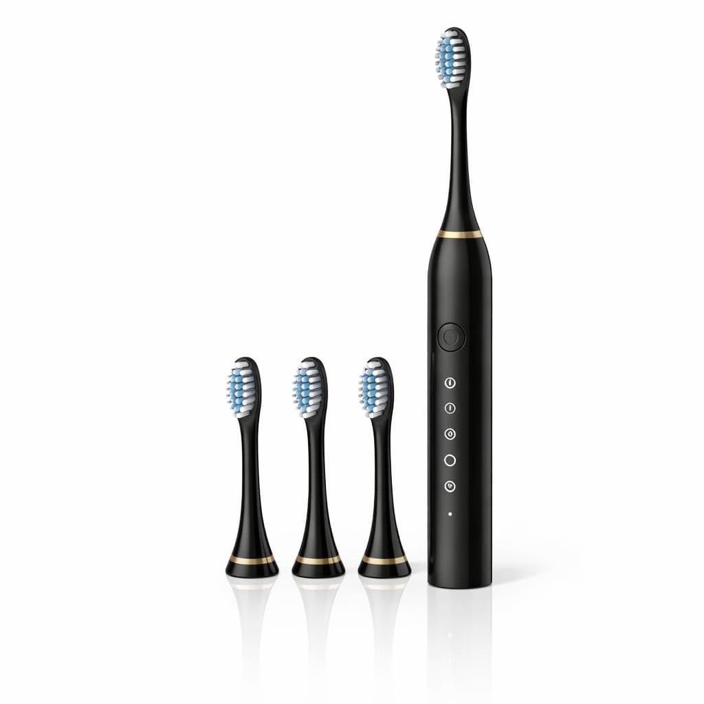 Aura Essentials Sonic Electric Toothbrush for Adults & Kids | 5 Cleaning Modes | 34000 Strokes/Min | USB Rechargeable | 4 Brush Heads | Waterproof IPX7 | Deep Cleaning Electric Tooth Brush (Black)