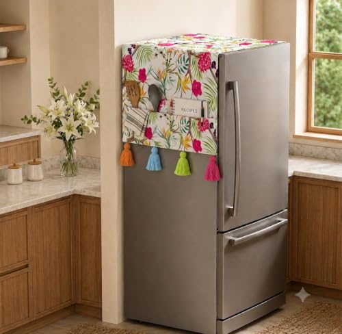Image of Double Door Fridge Cover 250-400L | 450 GSM Durable Fridge Top Cover with Tassels & Pockets | Fits Godrej, LG, Haier, Samsung Models | Dustproof Refrigerator Cover in Floral | WWW.THROWPILLOW.IN