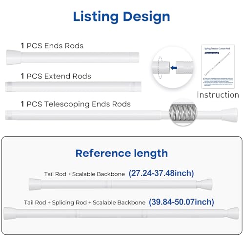 Image of Tension Rod for Windows 28 to 48 Inch,Spring Curtain Rods No Drilling 7 /8 inch Diameter White Tension Rods Adjustable Curtain Rods Expandable Pressure Spring Tension Rods for Closet, Doorway