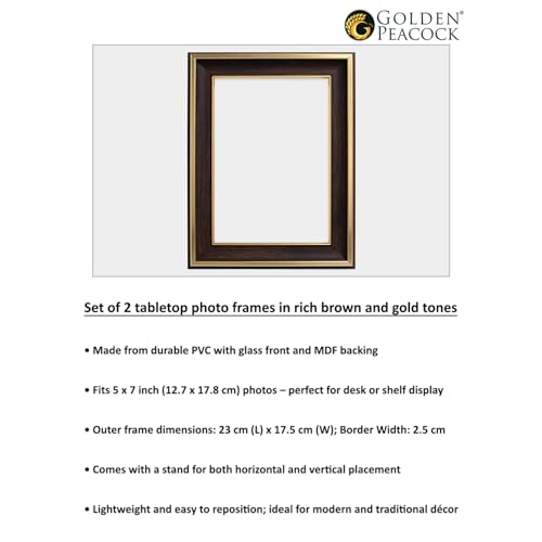 Image of GOLDEN PEACOCK Set of 2 5x7 Inch Photo Frames - Elegant Dark Wood & Gold Finish | Decorative Tabletop & Wall Hanging Picture Frames for Home, Office & Gifting