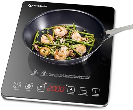 Induktionskochfeld 1 Platte, AMZCHEF Kochplatte Induktion mit ultradünnem Design, 20-Temperaturstufen und 20-Leistungseinstellung, 2000W Induktionskochplatte mit 3-Stunden-Timer, S