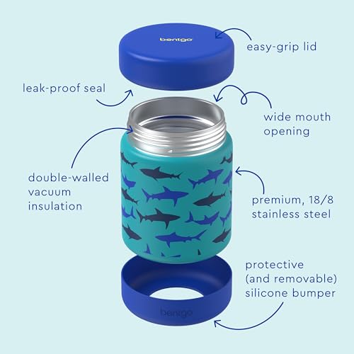 Image of Bentgo Kids Stainless Steel Leak-Proof Food Jar for Hot or Cold Food | 11 fl oz Double Insulated Container with Removable Silicone Bumper, Dishwasher Safe, Easy Open Lid, Ages 3+ (Sharks)