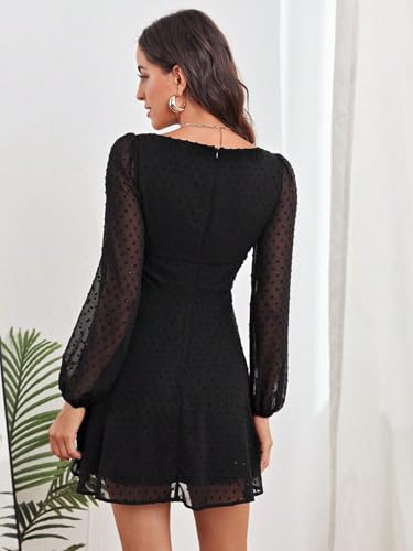 Image of Women's Polka Swiss Dots Square Neck Dress Lantern Long Sleeve Dress for Women Chiffon Mini Dress