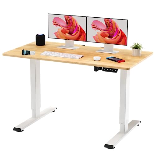 SANODESK QS+110 * 60 Electric Standing Desk Height Adjustable Standing Desk Sit Stand Desk Adjustable Desk Stand Up Desk for Home Office(White Frame+ Maple Desktop)