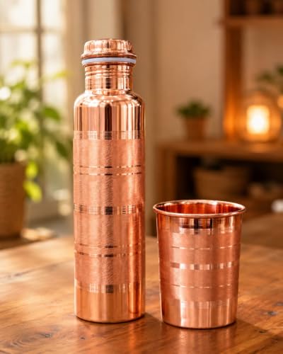 Generic Pure Copper Water Bottle 1000ml with Copper Glass Combo Set - Image 3