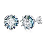 Compass Earrings 925 Sterling Silver Compass Stud Earrings with Round Circle Crystal Ocean Nautical