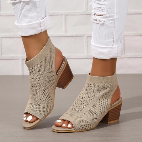 Image of Peep Toe Booties for Women Open Toe Heeled Sandals Knit Cutout Chunky Block Heel Breathable Fashion Shoes US5-11
