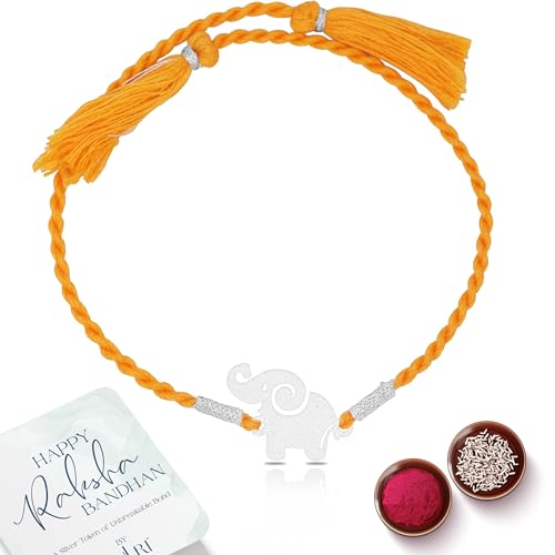 Image of 925 Sterling Silver Elephant Kids Rakhi For Brother (Boys & Men) Cotton Thread | Rakshabandhan Rakhi With Greeting Card & Roli Chawal and Certificate of Authenticity 925 Silver