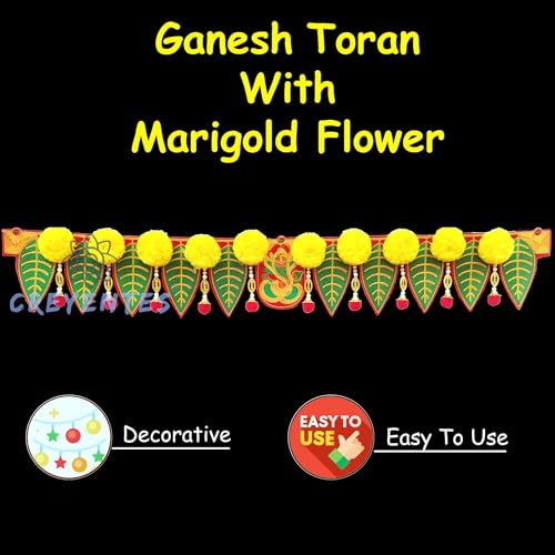 Image of Ganesh Pan Toran With Artificial Marigold Flower Door Diwali Toran For Home Decor,Temple,Pooja Room,All Festival,Embroidery Work. Inches(Ganesh Marigold),38 Inches