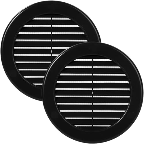 Vent Systems Set di 2 coperture circolari in plastica per condotto dell'aria con schermo a rete integrata, per bagno, soffit, garage, per interni ed esterni, 10,2 cm, colore: nero