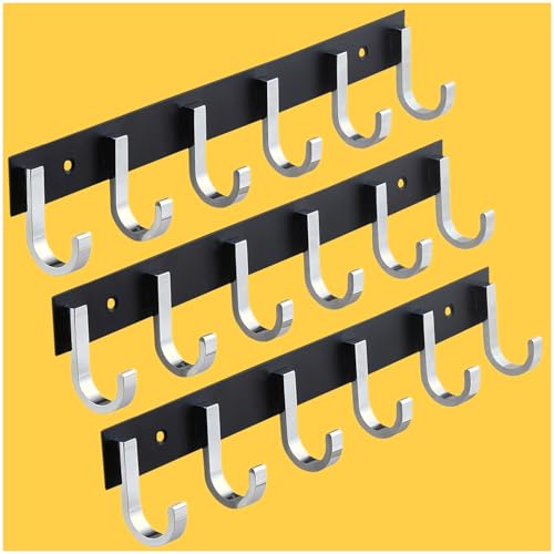 Image of Aluminium Cloth Hanger for Wall, Clothes Hook Hangers Door Mounted, Bathroom Hooks for Hanging Towel, Wall Mount Shirt Hangers, Dress Holder Hooks - 6 Pin-XL, Pack of 3, Black and Silver