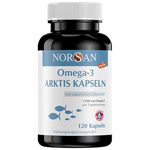 NORSAN Premium Omega 3 kapsle z treskového oleje 120 kapslí / 1 500 mg omega-3 v jedné porci/Omega 3 kapsle ve vysokých dávkách s 480 mg EPA a 720 mg DHA/rybího oleje kapsle z udržitelného pěstování