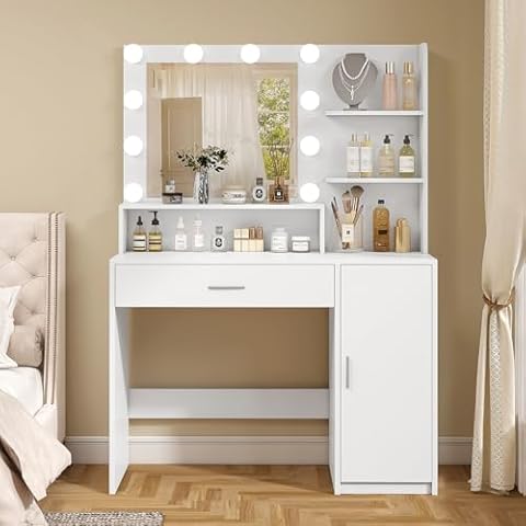 Quimoo Makeup Vanity Desk with Mirror and Lights, Vanity Desk with Large Drawer & Shelves & Cabinet, 3 Color Modes & Adjustable Brightness, Dressing Table Set for Bedroom, White Cover